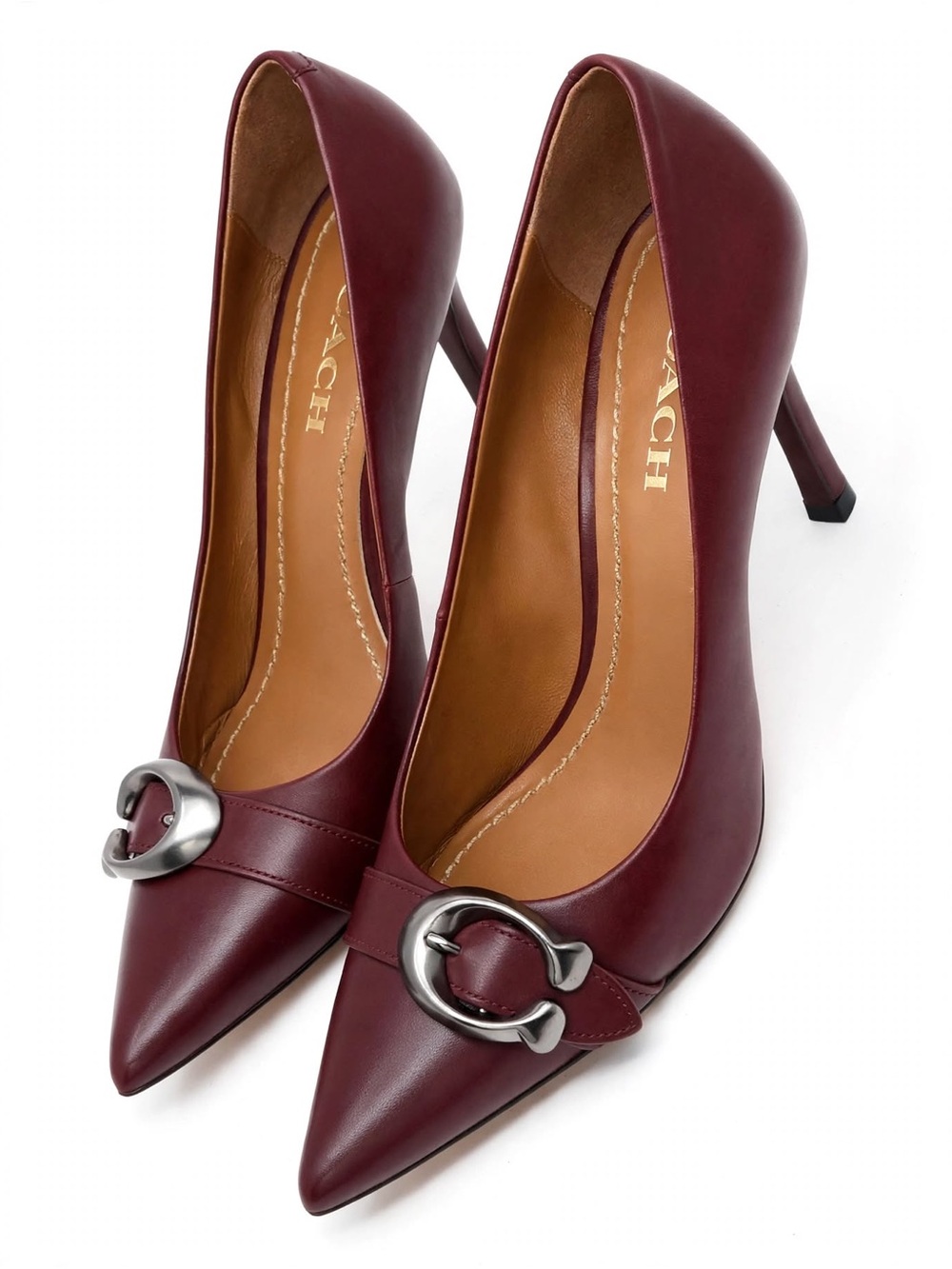 COACH Leather Stiletto Heels Authentic👠 Burgundy- Red w/ Silver C Buckle 7.5